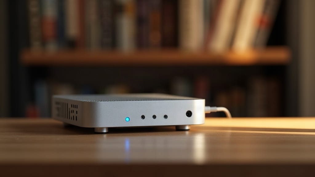Un petit serveur maison (mini-PC) allumé sur une étagère en bois, LED douce, ambiance intérieur chaleureux.